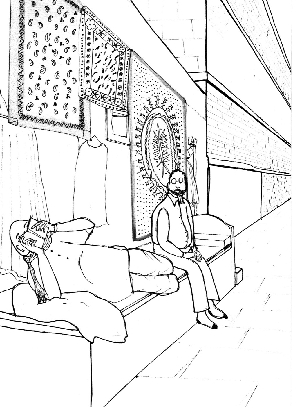 Pen drawing of a carpet seller with rolled stock