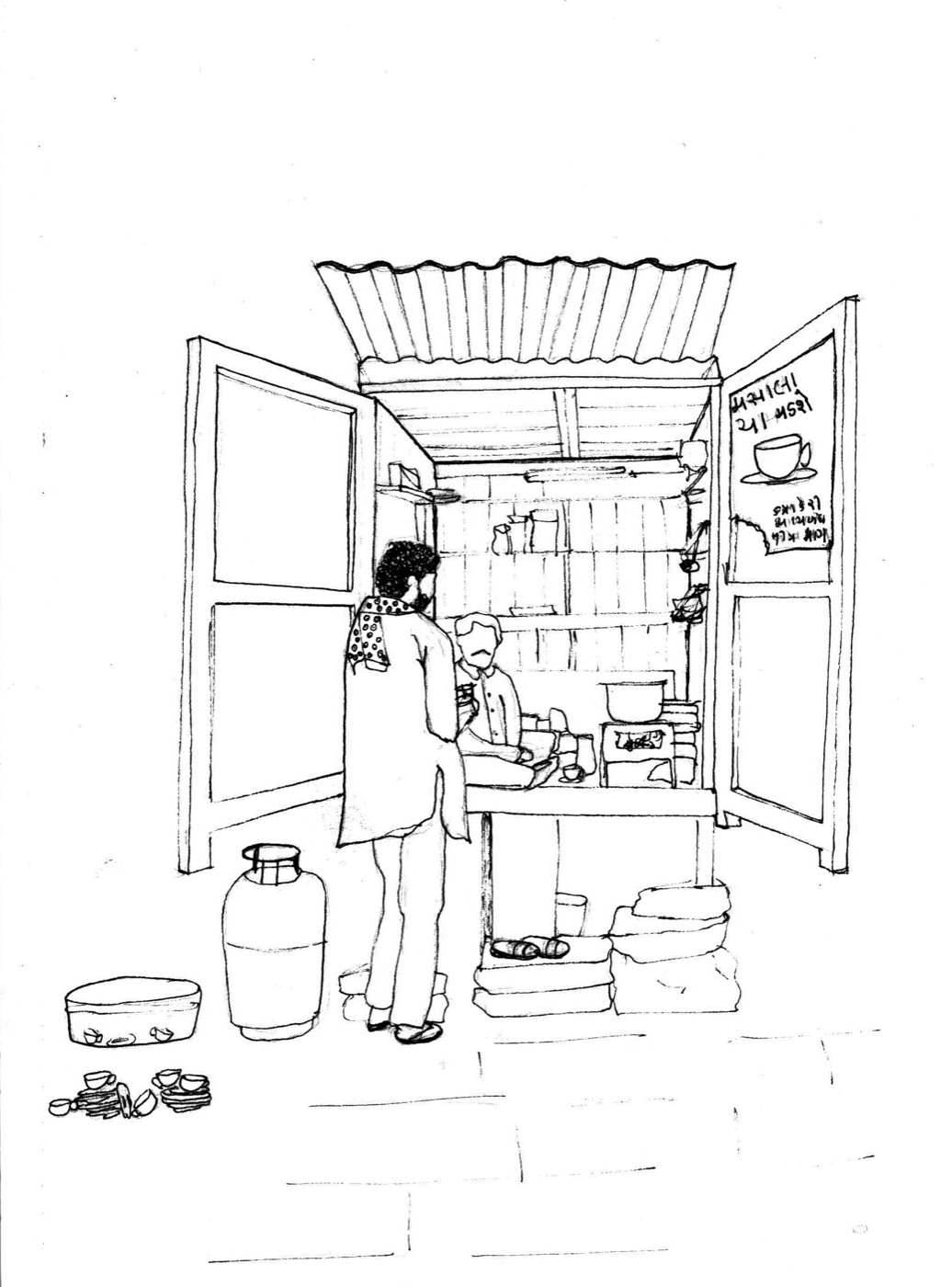 Pen drawing of a chai stall with two figures, hand-lettered Gujarati signage and stacked cups