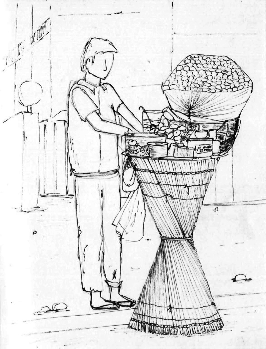 Pen drawing of a pani puri cart