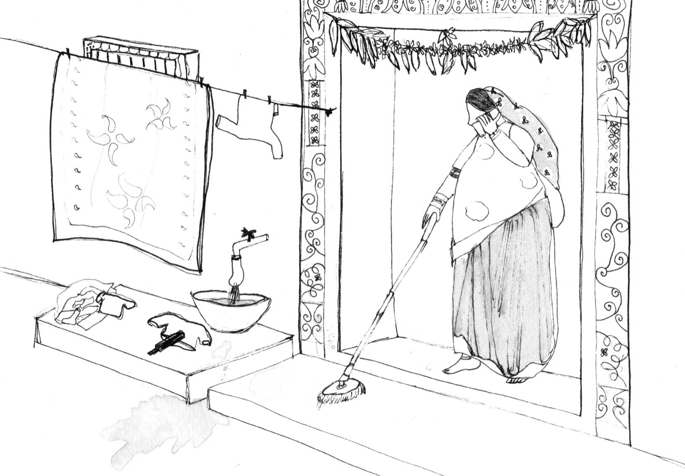 Pen drawing of a woman doing laundry